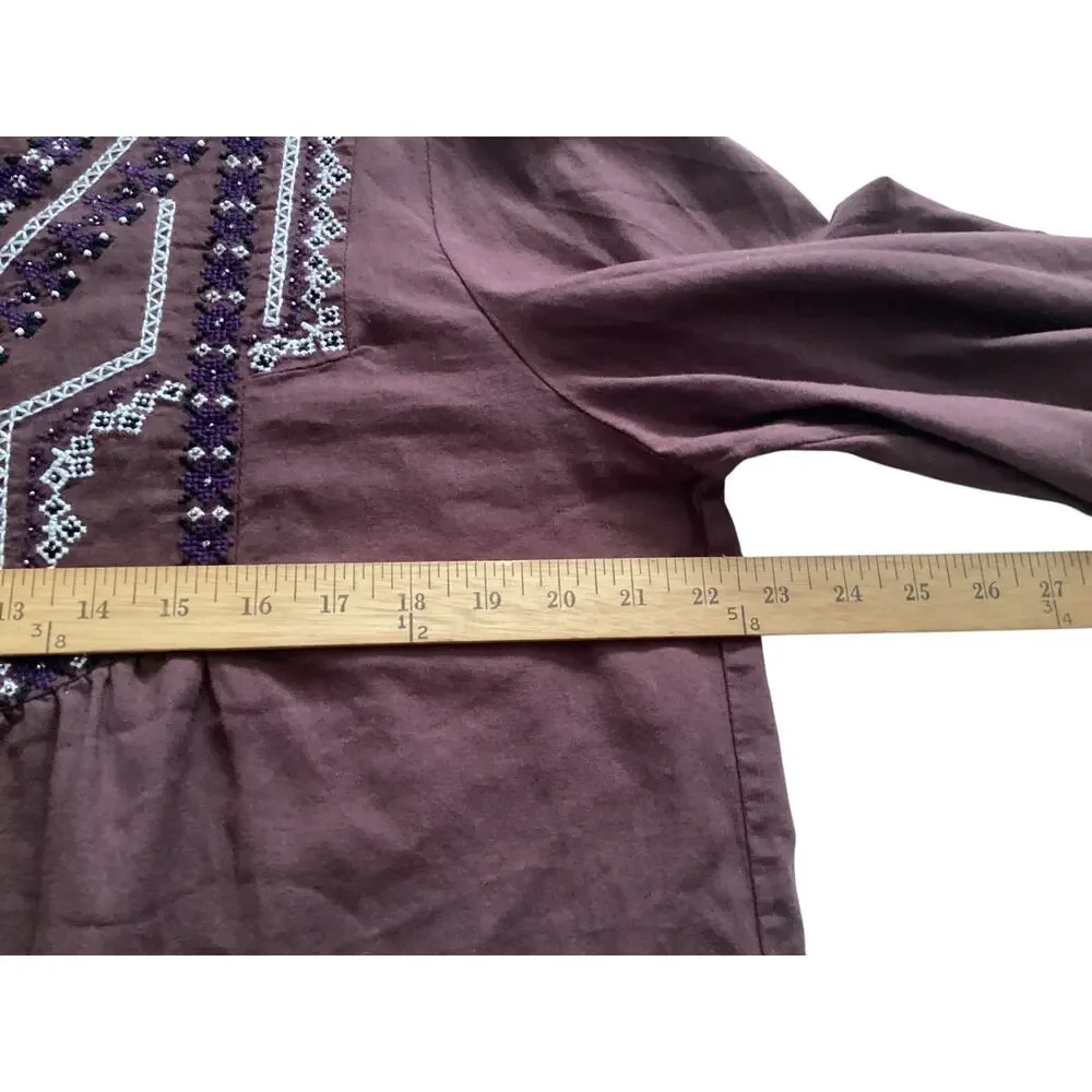 Zara Embroidered Beaded Bohemian Blouse Mock Neck Balloon Sleeve Plum Brown XL - Picture 5 of 6